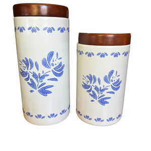 Pfaltzgraff Yorktowne stoneware 2-piece cylinder canister set w/ wood Lids